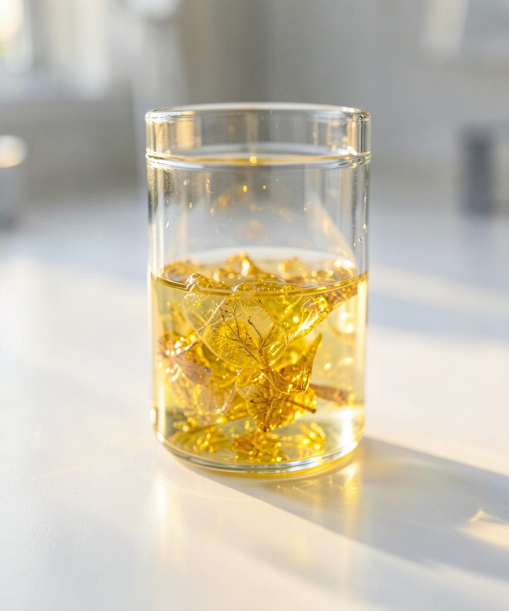 Golden botanical extracts in laboratory glass