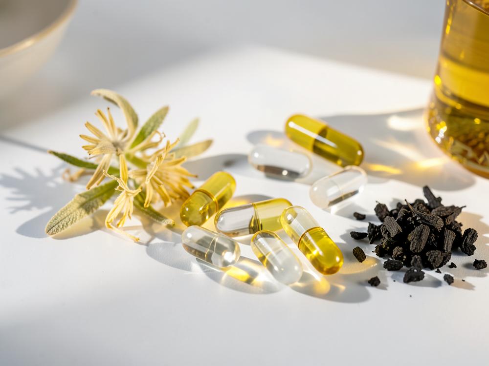 Capsules and botanical ingredients on a bright laboratory surface